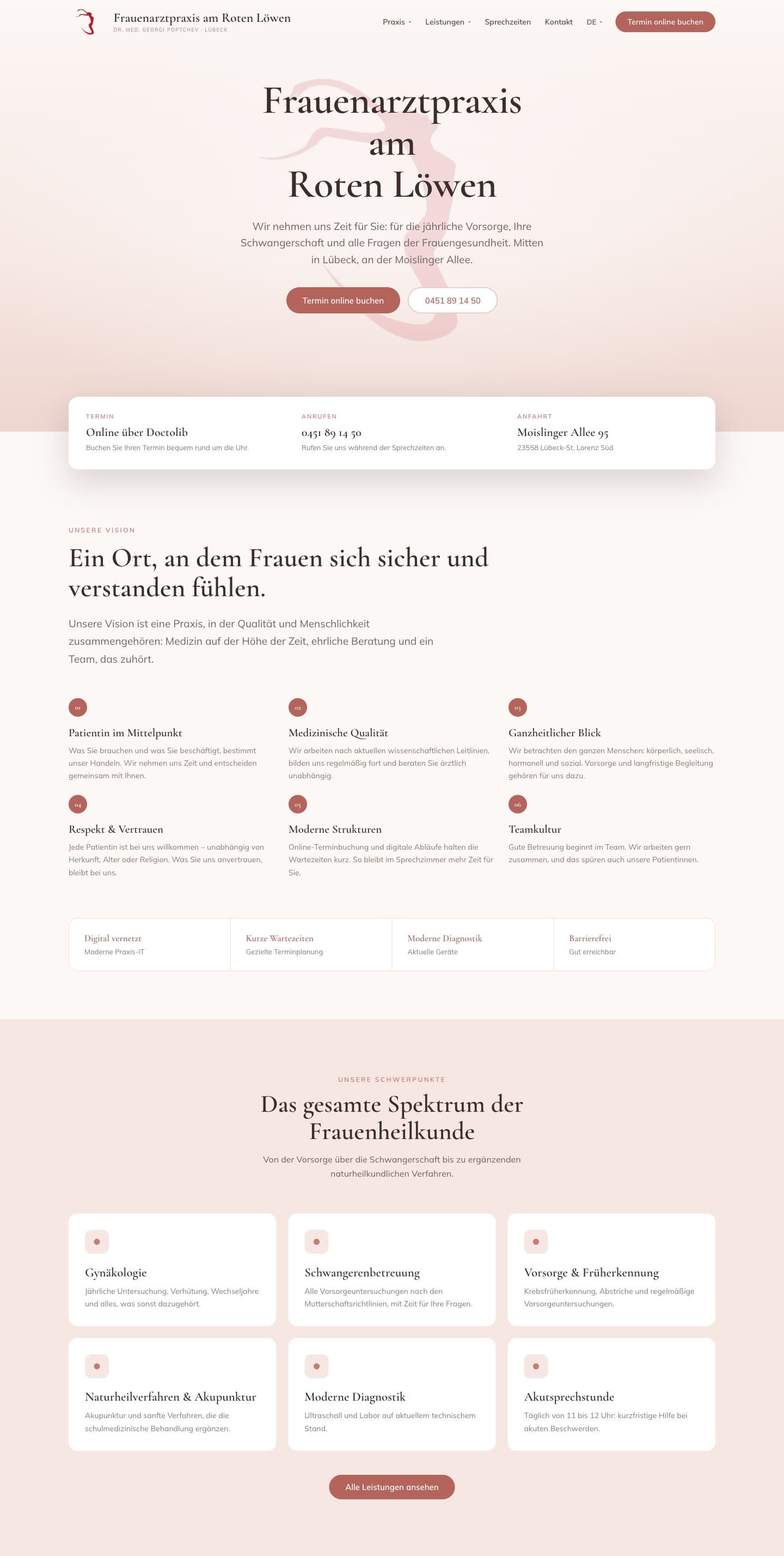 The frauenarzt-luebeck.de home page on a desktop screen: the practice name set in large serifs on soft rose, with buttons for online booking and the practice's phone number, and below that the practice's vision, its six principles, and the full range of gynecological services.