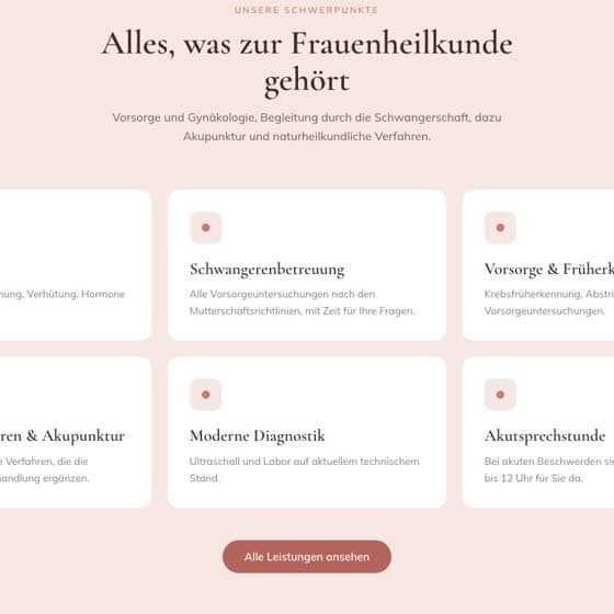 Ausschnitt aus dem Block Schwerpunkte: Karten für Schwangerenbetreuung, Vorsorge und moderne Diagnostik.