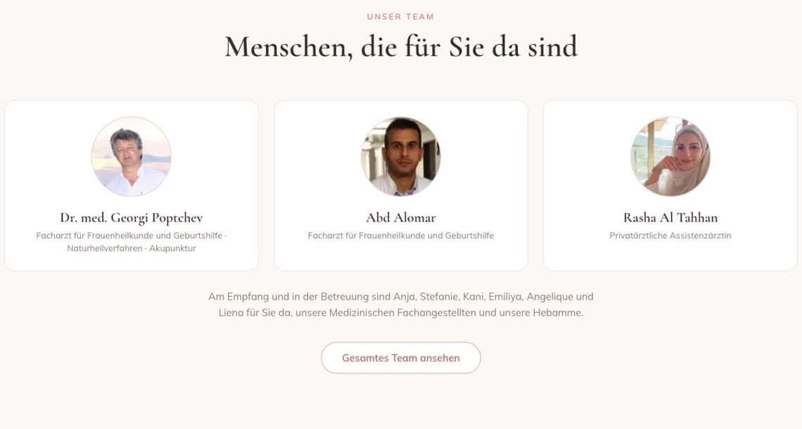 Das Team der Praxis: drei Porträts mit Namen und Funktion.
